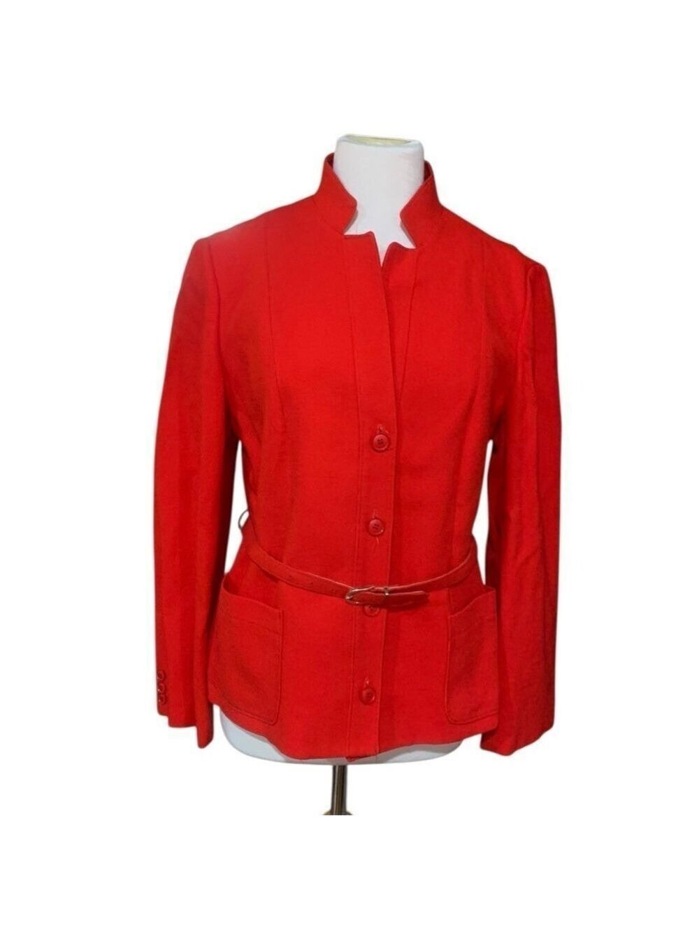 Vintage 70’s red wool button up Nehru jacket with pockets and belt size L